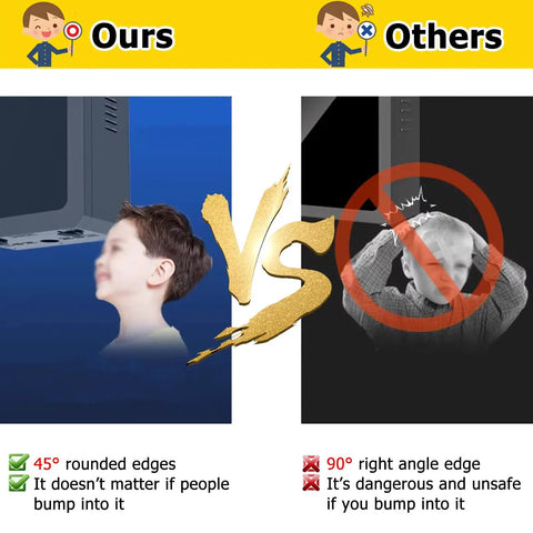 Comparison of safe 45° rounded edge design vs. unsafe 90° angle edge, highlighting kid-friendly features.