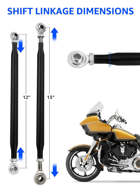 Aftermarket Aluminum Shift Linkage For Harley Davidson Motorcycles Tighten Up Shifts For Smoother More Precise Gear Changes Durable Black Finish Polished Aluminum Shifter Linkage Upgrade To Boost Performance And Ride Quality. 12-13in black adjustable linkage