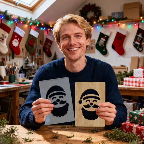 Top Shelf Acrylic Router Template Kit For Woodworkers Boasting Eight Killer Holiday Designs featuring two Santa Claus stencils.