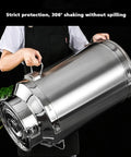 Heavy Duty 304 Stainless Steel Storage Container 16.9 Gallon No Sweat Airtight Barrel held sideways for easy pouring.
