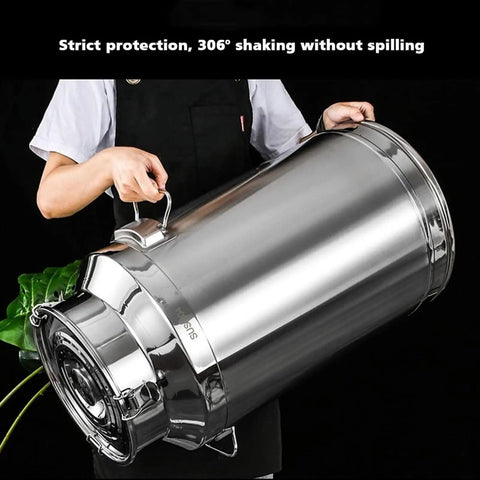 Heavy Duty 304 Stainless Steel Storage Container 16.9 Gallon No Sweat Airtight Barrel held sideways for easy pouring.