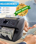 DeTect Dt600 Professional Bank Grade Money Counter Machine For Mixed Denomination Bills with measurements on display.