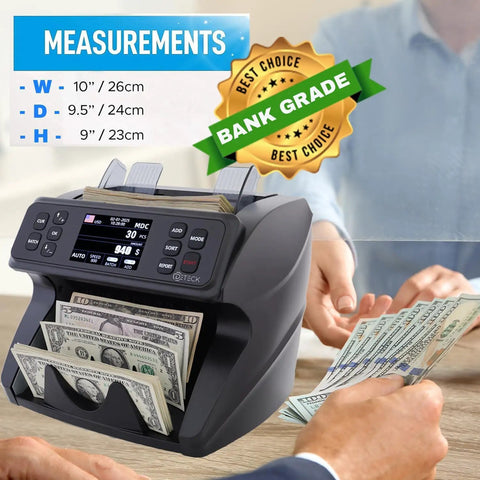 DeTect Dt600 Professional Bank Grade Money Counter Machine For Mixed Denomination Bills with measurements on display.