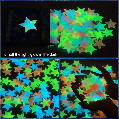 Glow In The Dark Luminous Star Wall Decals Set 100 Multicolor Pieces For Kids Room Nursery And Ceiling Decor Easy Peel And Stick Lit Night Sky Glow In The Dark Wall Stickers For Bedroom displayed in hand and scattered on table, glowing under dark light.