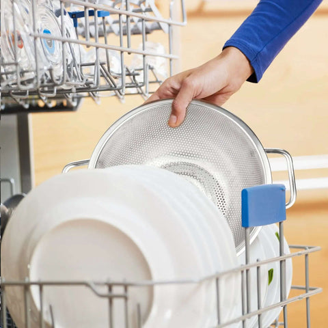 Stainless Steel Colander 3 Quart Strainer For Kitchen Food Prep Dishwasher Safe being placed in a dishwasher rack