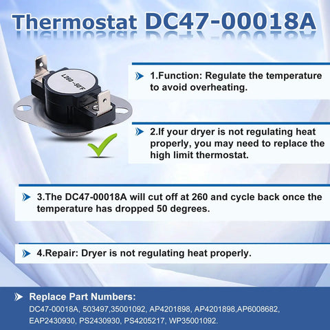 Dryer Thermal Fuse Kit Including DC47-00016A Cutoff DC96-00887A Thermostat DC32-00007A Thermistor DC47-00018A with thermostat instructions