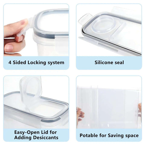 Four Pack Filament Storage Boxes For 3D Printing with locking system, silicone seal, easy-open lid for desiccants, space-saving.