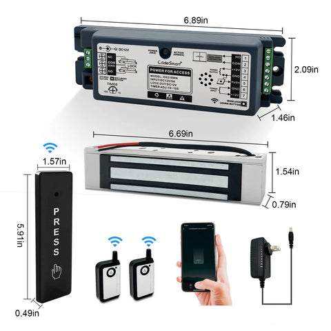 Smart Magnetic Door Lock Kit With 2.4GHz Wireless WiFi Access Control, 400lb Holding Force components and dimensions