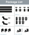 Package contents of 12 Ft Box Rail Exterior Barn Door Hardware Kit For Two Doors with tracks, rollers, brackets, and guides.