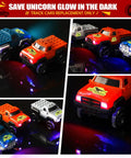 Glow In The Dark Car Track Cars 3 Pack With LED Lights Replacement Track Cars For Kids in blue, orange, and silver.