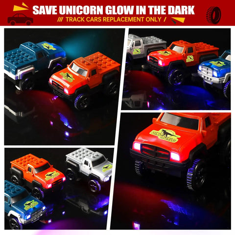 Glow In The Dark Car Track Cars 3 Pack With LED Lights Replacement Track Cars For Kids in blue, orange, and silver.