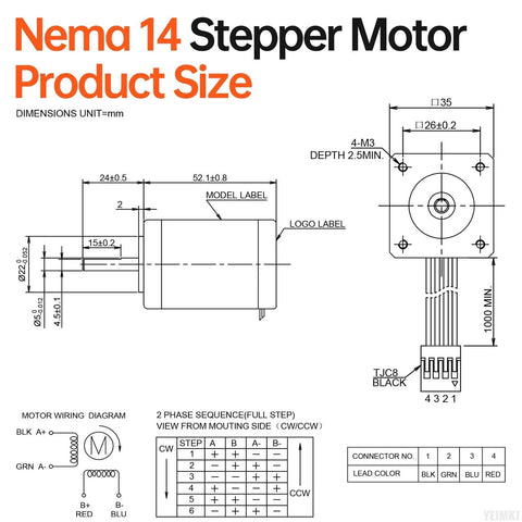 Black-and-white technical drawing of Nema 14 stepper motor, side and front views with dimensions and wiring diagram