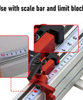 Close-up of Heavy Duty T Track Miter Gauge Fence With Smooth Telescoping Slider For Table And Router Saw showing scale bar and limit block.