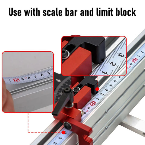 Close-up of Heavy Duty T Track Miter Gauge Fence With Smooth Telescoping Slider For Table And Router Saw showing scale bar and limit block.
