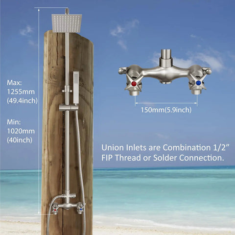 Wall Mount Outdoor Shower Kit With Handheld Sprayer, 6 Inch Brushed Nickel Shower Head, Dual Handle Brass Stainless Fixtures