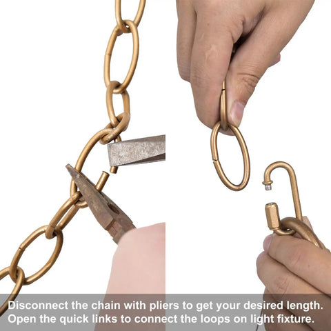 Hands adjusting Antique Gold Lighting Chain For High Ceilings 19.7 Ft Heavy Duty Chandelier Pendant Extension with pliers and locks.