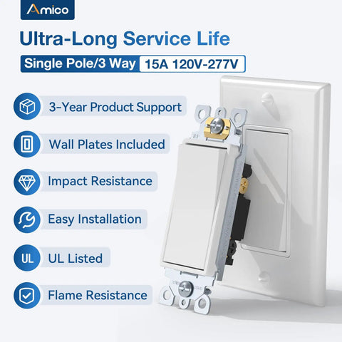 30 Pack Decorator Single Pole And 3 Way Light Switches UL Listed Ideal For Hallways And Large Rooms Easy Install For DIY Home Wiring And Quick Home Upgrades, white decorator switch