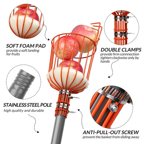 Adjustable 8Ft Fruit Picker Tool With Lightweight Stainless Steel Pole And Large Round Basket, Fruit Catcher For Apples, Oranges, Mangoes, Pears, Avocados, Easy Soft Landing Pad To Prevent Bruises