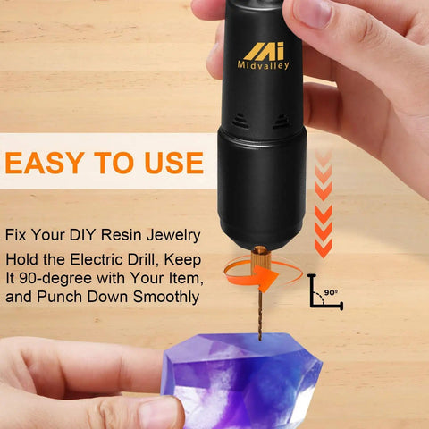 Pro Grade Electric Resin Drill Set Pin Vise Mini Hand Drill Kit with 10 Twist Drill Bits shown drilling a resin piece