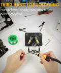 Person using soldering station holder with storage box and third hand tool, all in one 4x4 inch metal non slip base with adjustable arms