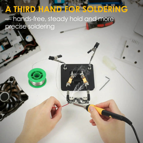 Person using soldering station holder with storage box and third hand tool, all in one 4x4 inch metal non slip base with adjustable arms