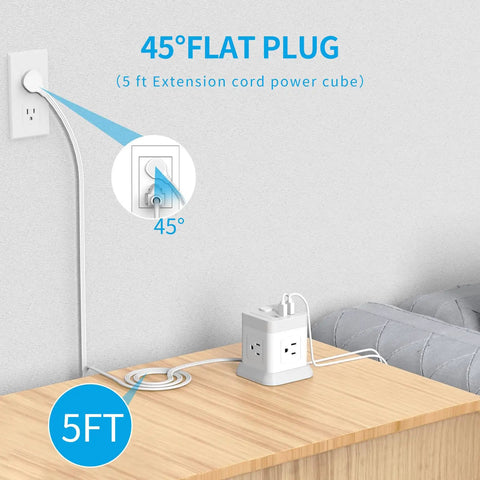 Compact 2 Prong Power Strip With USB Ports And Flat Plug Four Outlets And Three USB Ports Five Foot Power Cord on desk