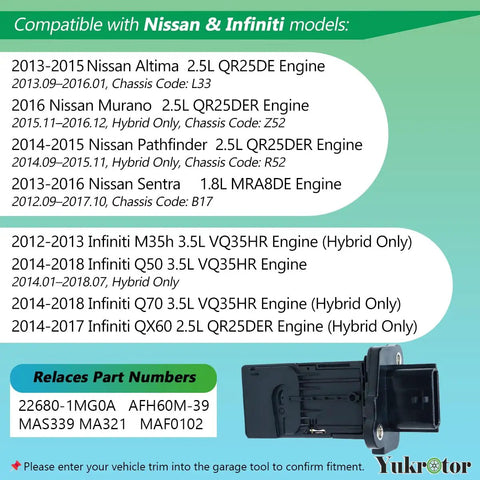 Mass Air Flow Sensor Replacement for Cars 5 Pin MAF Sensor 22680-1MG0A AFH60M-39, Nissan Infiniti fitment chart