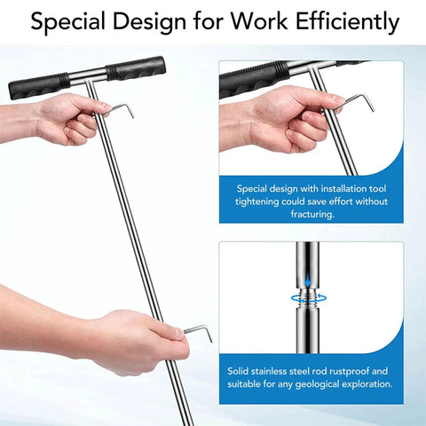 Stainless Steel Soil Probe Rod 17 32 48 Inch Adjustable Ground Locator Tool With T Handle shown with tightening tool and rustproof design.