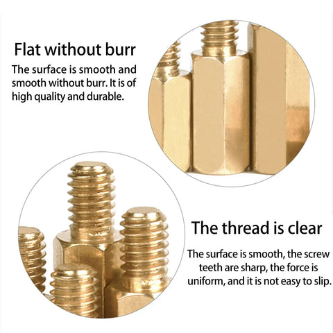 Close-up of M2.5 brass hex standoffs showcasing their smooth surface and clear threads from 180 Pcs M2.5 Brass Hex Standoff And Screw And Nut Kit