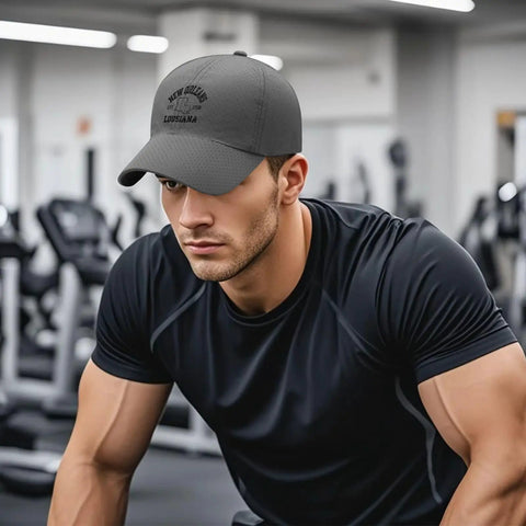 New Orleans Inspired Dark Grey Adjustable Cap For Men With One Size Fits Most Comfy Buckle Closure, Lightweight Breathable Materials