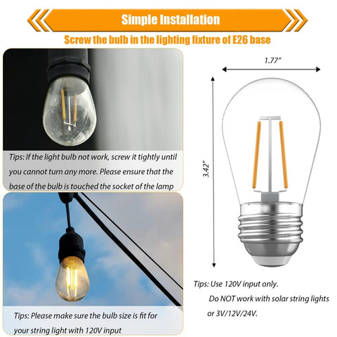 Diagram and images of 15 Pack Replacement LED Bulbs for Outdoor String Lights, 2W S14 Shatterproof Waterproof Bulbs, E26 Base installation