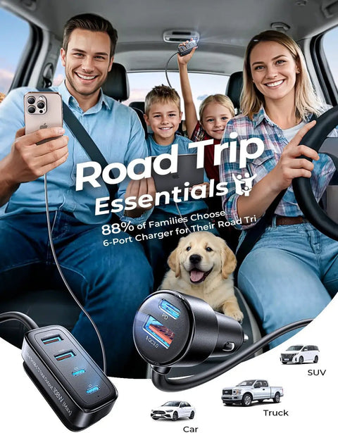 Family using Six Port Car Charger With PD And QC Fast Charging, Cigarette Lighter USB Hub in SUV, a 12V Travel Adapter, Road Trip Must Have