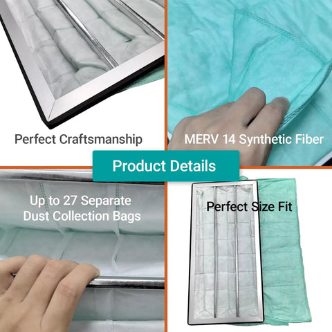 High Efficiency MERV 14 Air Filter Replacement With Synthetic Pocket for Universal Fit shown with 27 dust collection bags and craftsmanship detail