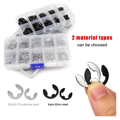 External Circlip Retaining Ring Kit Set M1.2 To M15 For Shafts E Type Circlips Stainless Steel SS304 1000 Pcs Heavy Duty Built To Last Shaft Bearing Retention Solution, assortment box