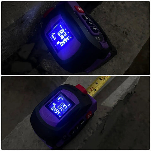 3 In 1 Laser Tape Measure With 197ft Long Range Laser, 16ft Manual Tape, AutoLock, Cross Line Laser Guidance, Unit Switch Ft In M, Measures Area Volume And Pythagorean Purple Finish, purple digital display