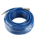 50 Ft PVC Air Hose With Quick Connect Coupler For Air Compressor coiled in blue, showcasing durable kink-resistant design for shop use.