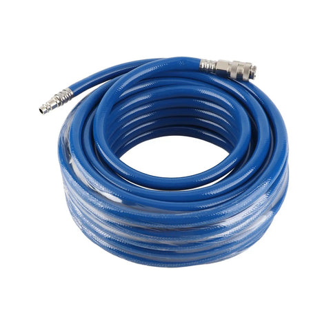 Rock Solid Heavy Duty 15 Meter Reinforce PVC Air Hose With Euro Quick Connect Coupler coiled, showcasing durable blue material and fittings.