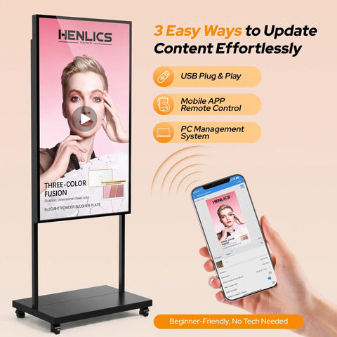Straight Fire 65 Inch Storefront Digital Signage Display with user controlling app, showcasing vibrant digital content.