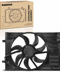 Heavy Duty Genuine Engine Radiator Cooling Fan Assembly With Slick Brushless Motor Plug In Ready Swap For Audi A3 S3 And Volkswagen Golf E Golf 2015 To 2020 shown with black fan blades and packaging.