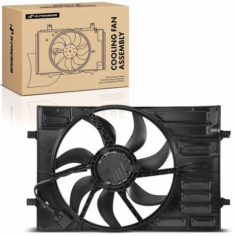 Heavy Duty Genuine Engine Radiator Cooling Fan Assembly With Slick Brushless Motor Plug In Ready Swap For Audi A3 S3 And Volkswagen Golf E Golf 2015 To 2020 shown with black fan blades and packaging.