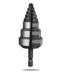 Front view of Versatile Step Drill Bit For RainPal SDB125 With Seven Eighths Inch, One And One Sixteenth Inch, And One And A Quarter Inch Steps, Heavy Duty High Speed Steel, For RBS And BBF Models, Use With Power Drill For Best Control.