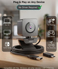 Crisp 4K Webcam Featuring Sony IMX363 Sensor And Breezy 60 FPS Streaming For PC Gaming And Home Office Use With Quick Phase Detection Auto Focus on desktop with USB connection.