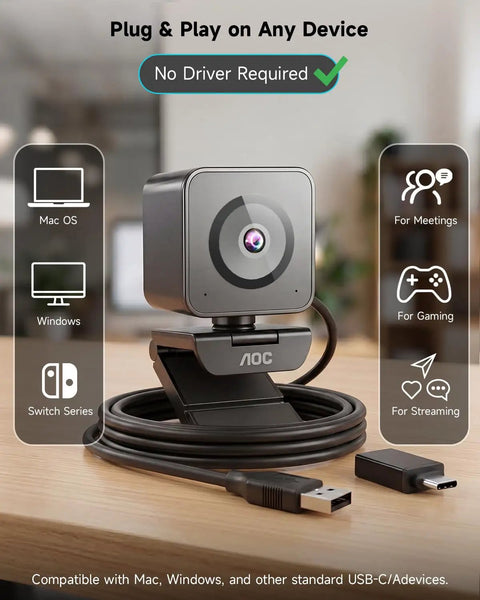 Crisp 4K Webcam Featuring Sony IMX363 Sensor And Breezy 60 FPS Streaming For PC Gaming And Home Office Use With Quick Phase Detection Auto Focus on desktop with USB connection.
