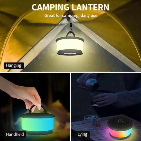 Two Pack Rechargeable Camping String Lights 32.8ft With 19 Lighting Modes 2 In 1 Tent String Lights Quick Storage Portable LED Lamp For Bedroom Yard Decor Christmas Black shown in hanging, handheld, and lying modes.