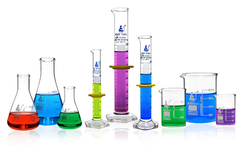 Nine Piece Lab Glassware Set Made From Borosilicate 3 Point 3 Glass Includes Beakers Erlenmeyer Flasks And Graduated Cylinders