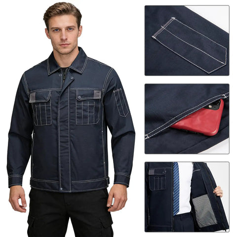 Custom Heavy Duty Work Jacket For Men And Women, Rugged Tear Resistant Mechanic Outerwear, close-up of pockets and features.