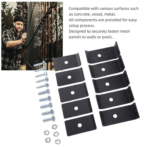 All In One Mesh Panel Mounting Kit With Brackets, Clamps And Fasteners For Fences And Grid Mats, Weatherproof Heavy Duty Steel, Easy Install For Backyard Or Garden Yards, Includes Screws Nuts And Fixings