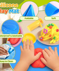 Collage view of dough play set for kids; includes silicone mat, rolling pins, safety scissors, mini knife, and 3D dinosaur/animal molds