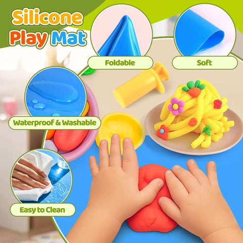 Collage view of dough play set for kids; includes silicone mat, rolling pins, safety scissors, mini knife, and 3D dinosaur/animal molds
