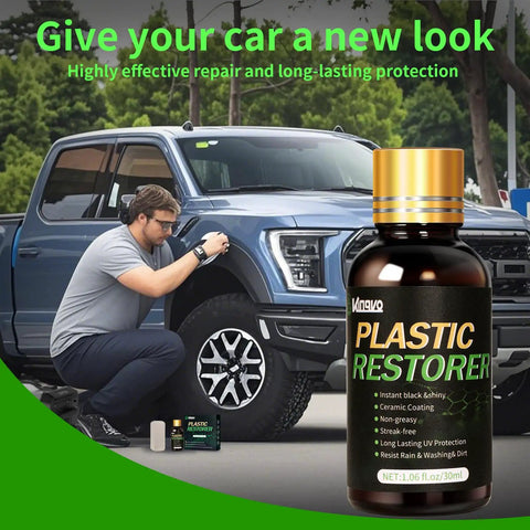 Quick On The Go Black Plastic Restorer For Cars Matte Black Trim Coating For Interior And Exterior Auto Parts Scratch Repair And Crystal Shine Easy Wipe On 30ml Bottle in front of a pickup truck